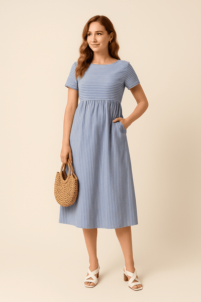 Ashford | Colleen Midi Nautical Cotton Style Dress with Scoop Neck – Pockets - Ashford London Clothing