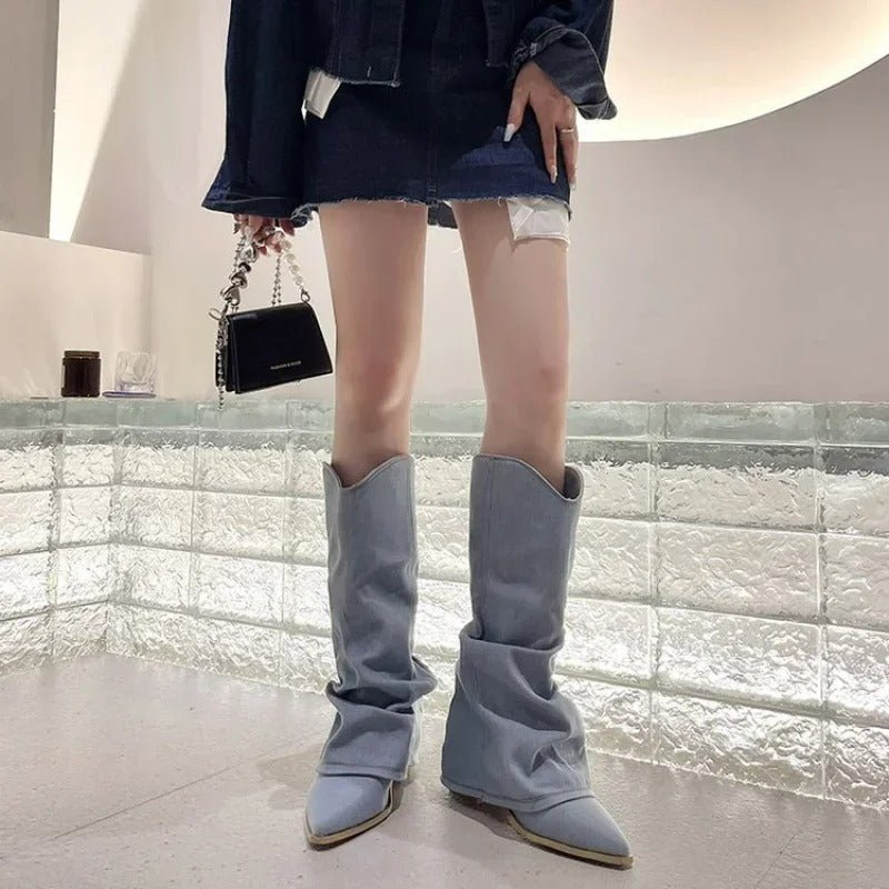 Ashford | Dakota – Women’s Knee - High Denim Cowboy Boots with Western Stitching - Ashford London Clothing