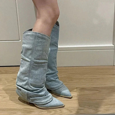 Ashford | Dakota – Women’s Knee - High Denim Cowboy Boots with Western Stitching - Ashford London Clothing