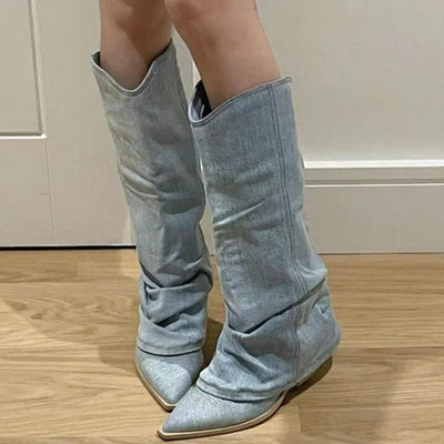 Ashford | Dakota – Women’s Knee - High Denim Cowboy Boots with Western Stitching - Ashford London Clothing