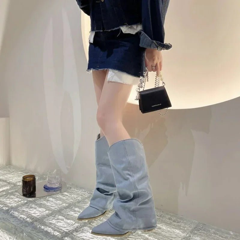 Ashford | Dakota – Women’s Knee - High Denim Cowboy Boots with Western Stitching - Ashford London Clothing