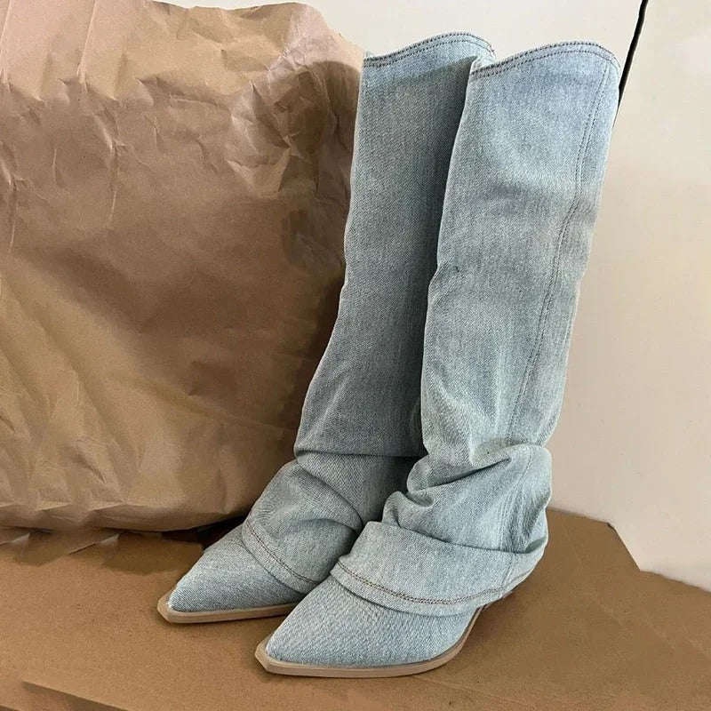 Ashford | Dakota – Women’s Knee - High Denim Cowboy Boots with Western Stitching - Ashford London Clothing