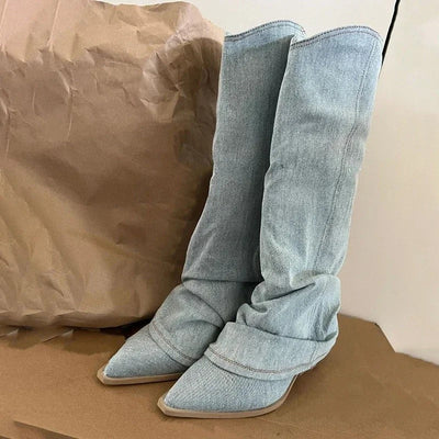 Ashford | Dakota – Women’s Knee - High Denim Cowboy Boots with Western Stitching - Ashford London Clothing