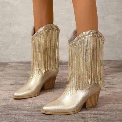Ashford | Delilah – Women’s Mid - Calf Boots with Fringe, Sequins & Chunky Heel - Ashford London Clothing