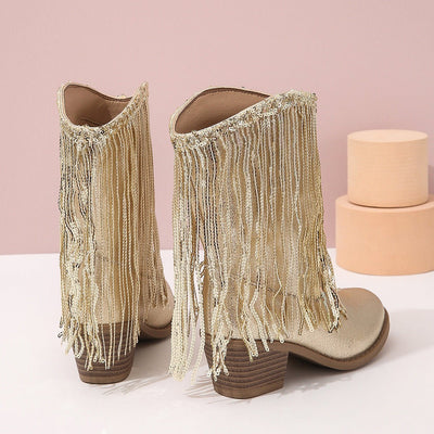Ashford | Delilah – Women’s Mid - Calf Boots with Fringe, Sequins & Chunky Heel - Ashford London Clothing