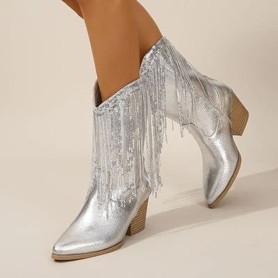 Ashford | Delilah – Women’s Mid - Calf Boots with Fringe, Sequins & Chunky Heel - Ashford London Clothing