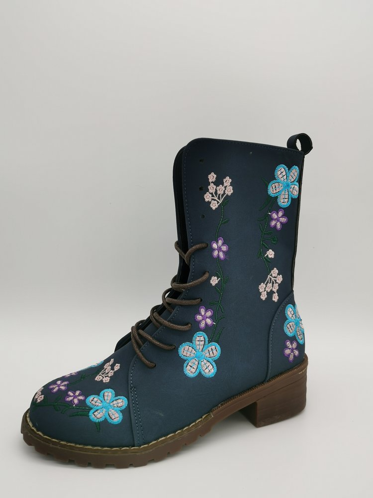 Ashford | Elanora – Women’s Mid - Calf PU Leather Boots with Floral Embroidery & Zip - Ashford London Clothing