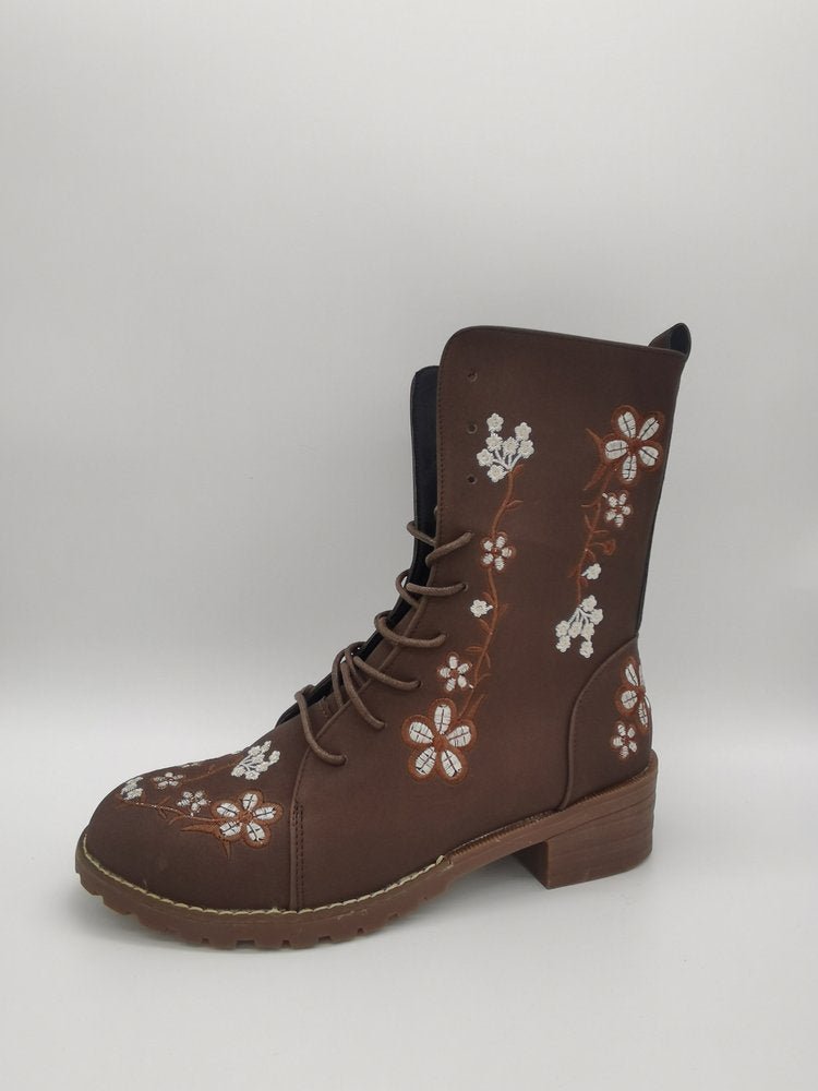 Ashford | Elanora – Women’s Mid - Calf PU Leather Boots with Floral Embroidery & Zip - Ashford London Clothing