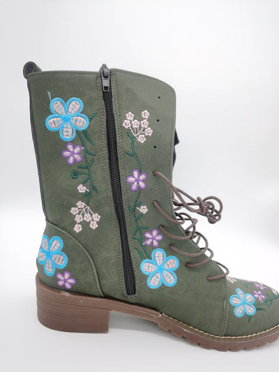 Ashford | Elanora – Women’s Mid - Calf PU Leather Boots with Floral Embroidery & Zip - Ashford London Clothing