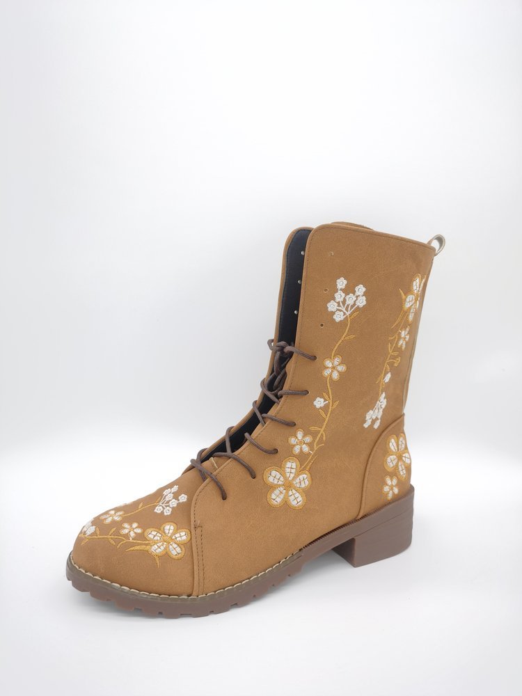 Ashford | Elanora – Women’s Mid - Calf PU Leather Boots with Floral Embroidery & Zip - Ashford London Clothing