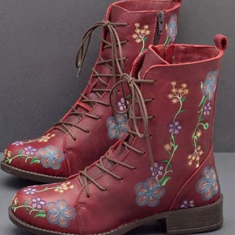 Ashford | Elanora – Women’s Mid - Calf PU Leather Boots with Floral Embroidery & Zip - Ashford London Clothing