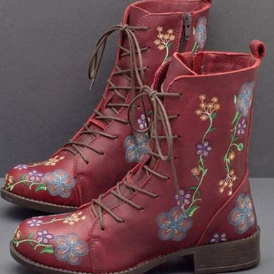 Ashford | Elanora – Women’s Mid - Calf PU Leather Boots with Floral Embroidery & Zip - Ashford London Clothing
