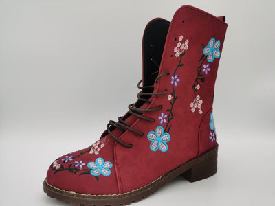 Ashford | Elanora – Women’s Mid - Calf PU Leather Boots with Floral Embroidery & Zip - Ashford London Clothing