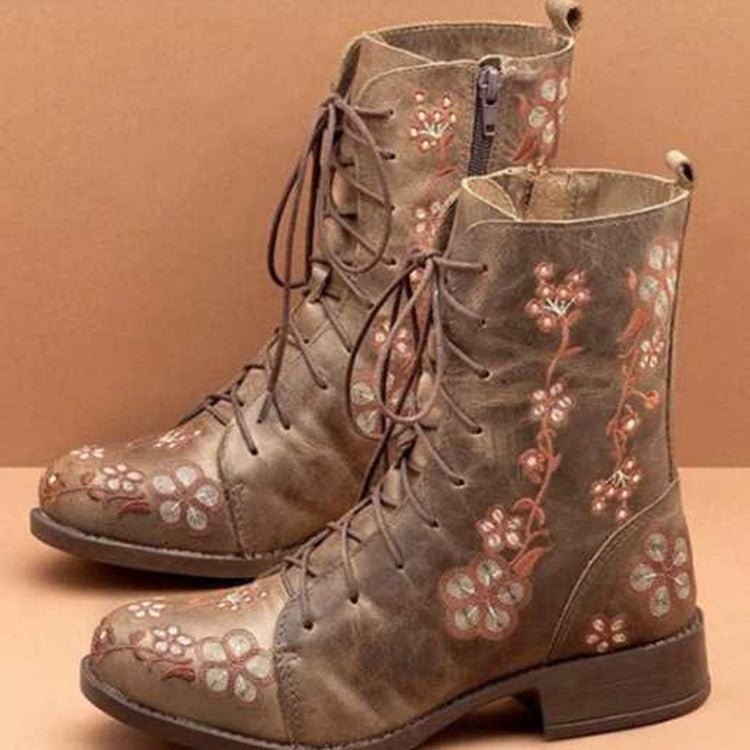 Ashford | Elanora – Women’s Mid - Calf PU Leather Boots with Floral Embroidery & Zip - Ashford London Clothing
