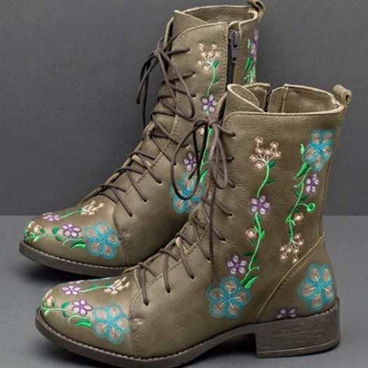 Ashford | Elanora – Women’s Mid - Calf PU Leather Boots with Floral Embroidery & Zip - Ashford London Clothing