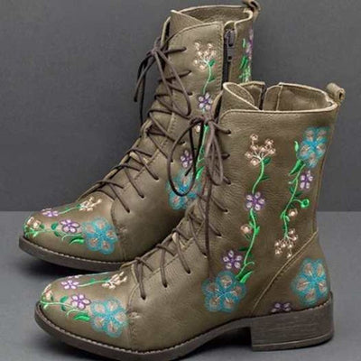 Ashford | Elanora – Women’s Mid - Calf PU Leather Boots with Floral Embroidery & Zip - Ashford London Clothing