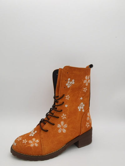 Ashford | Elanora – Women’s Mid - Calf PU Leather Boots with Floral Embroidery & Zip - Ashford London Clothing