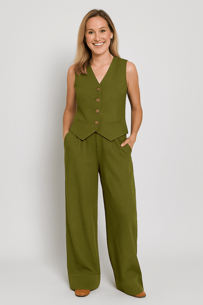 Ashford | Emely Sleeveless Linen Style Vest & Wide Trousers Set (Cotton) - Ashford London Clothing