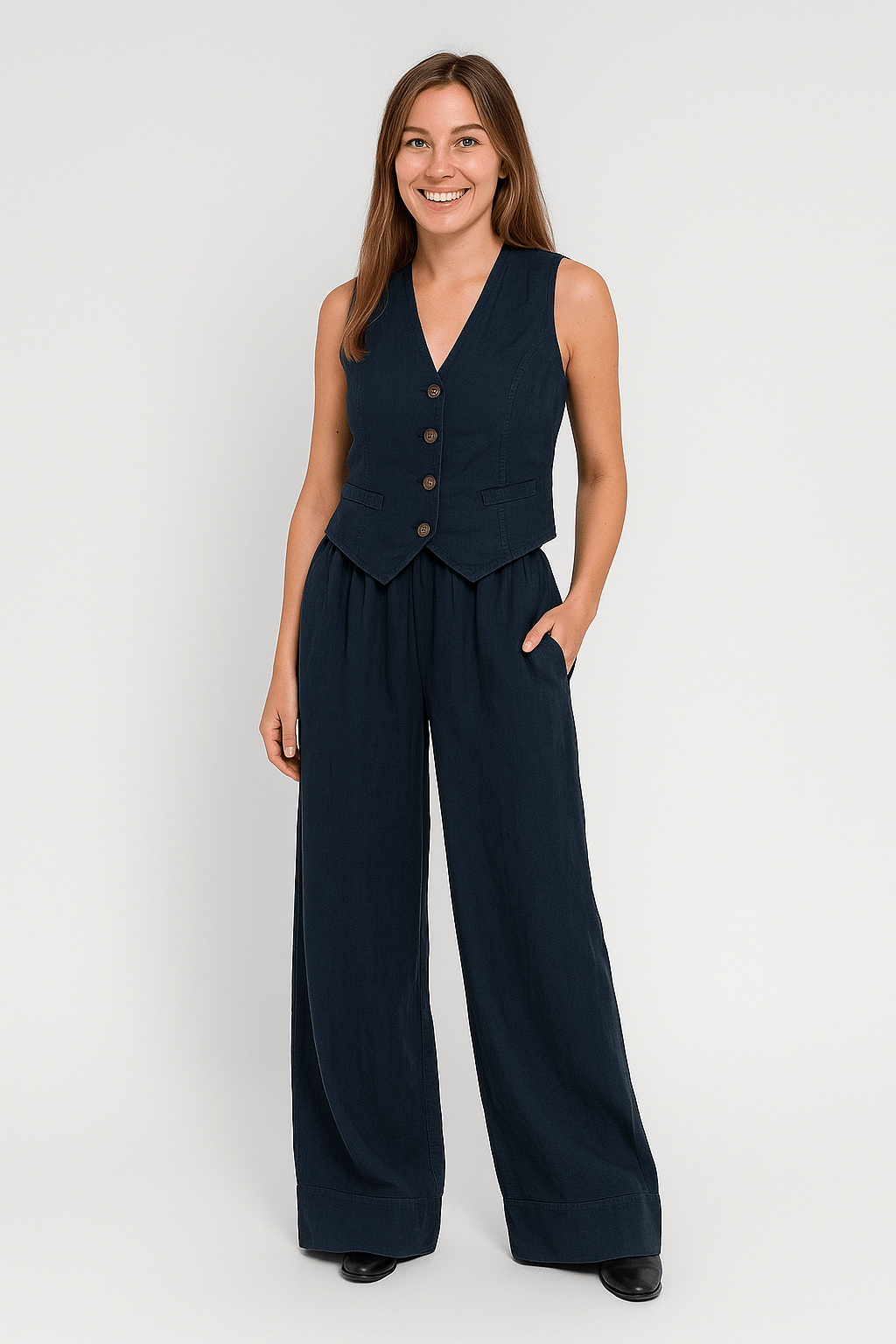 Ashford | Emely Sleeveless Linen Style Vest & Wide Trousers Set (Cotton) - Ashford London Clothing