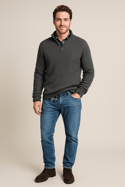 Ashford | Helmar – Men’s Half - Zip Ribbed Knit Sweater with High Collar - Ashford London Clothing