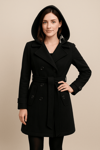 Ashford | Hermione – Women’s Wool Blend Double - Breasted Hooded Coat with Belted Waist - Ashford London Clothing
