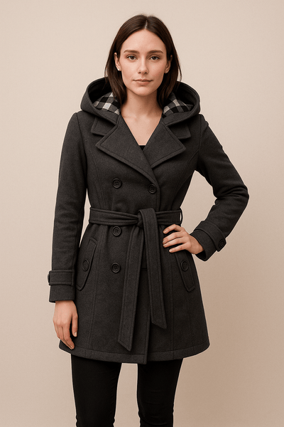 Ashford | Hermione – Women’s Wool Blend Double - Breasted Hooded Coat with Belted Waist - Ashford London Clothing