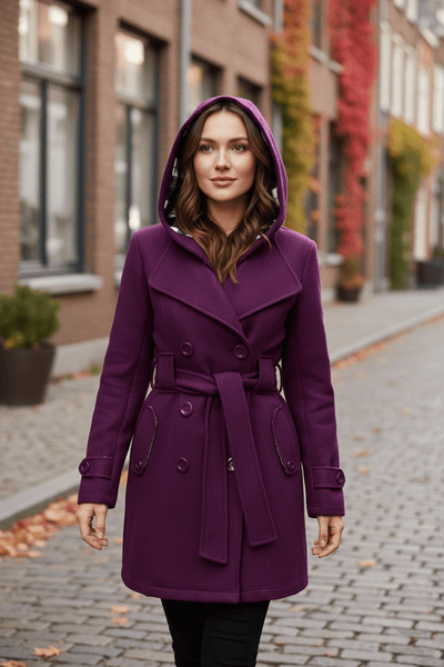 Ashford | Hermione – Women’s Wool Blend Double - Breasted Hooded Coat with Belted Waist - Ashford London Clothing