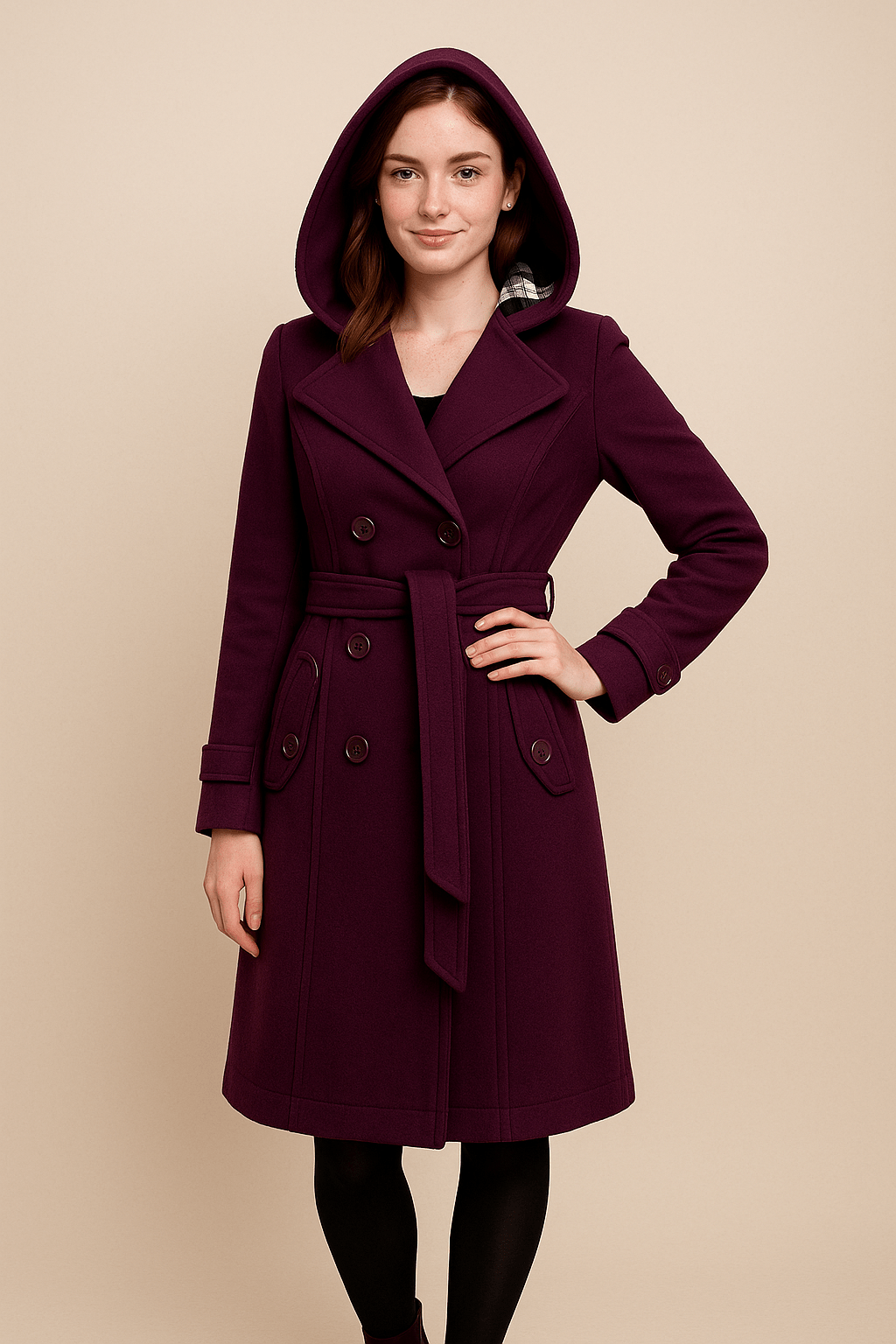 Ashford | Hermione – Women’s Wool Blend Double - Breasted Hooded Coat with Belted Waist - Ashford London Clothing