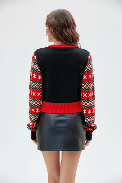 Ashford | Indra – Women’s Cropped Knit Sweatshirt with Graphic Front and Patterned Sleeves - Ashford London Clothing
