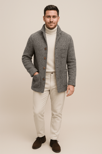 Ashford | Jesper – Men’s Chunky Knit Cardigan with Stand - Up Collar & Button Closure - Ashford London Clothing