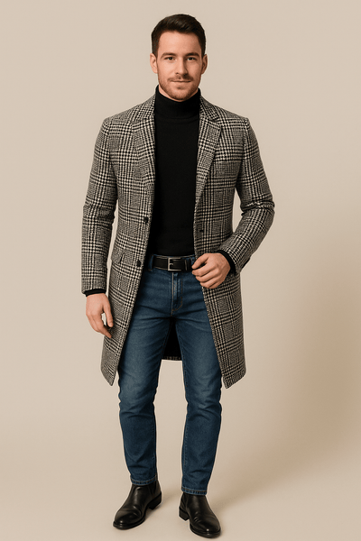 Ashford | Joakim – Men’s Slim Fit Wool Blend Checkered Trench Coat with Lapel - Ashford London Clothing