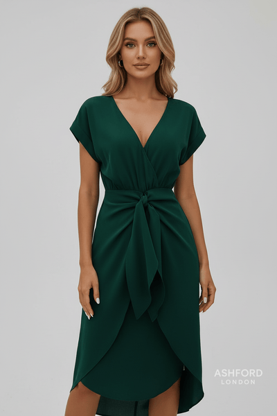 Ashford | Jolene Elegant Wrap Midi Dress with V - Neck Green - Ashford London Clothing