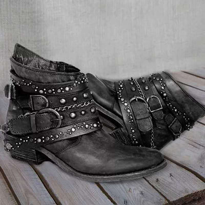 Ashford | Kaida – Women’s PU Leather Ankle Boots with Studded Straps & Chain Detail - Ashford London Clothing