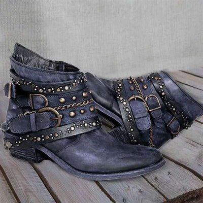 Ashford | Kaida – Women’s PU Leather Ankle Boots with Studded Straps & Chain Detail - Ashford London Clothing