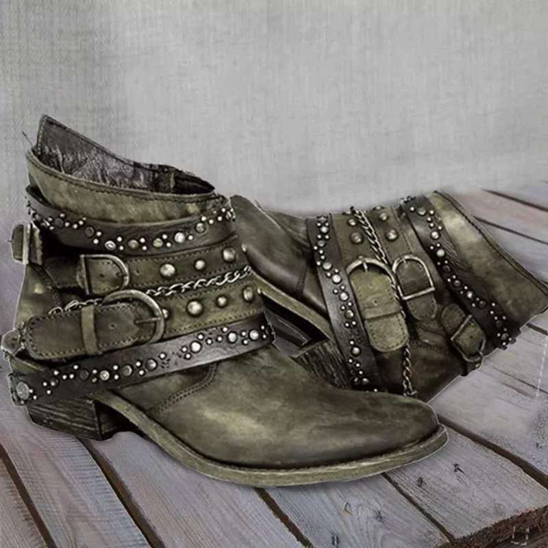 Ashford | Kaida – Women’s PU Leather Ankle Boots with Studded Straps & Chain Detail - Ashford London Clothing