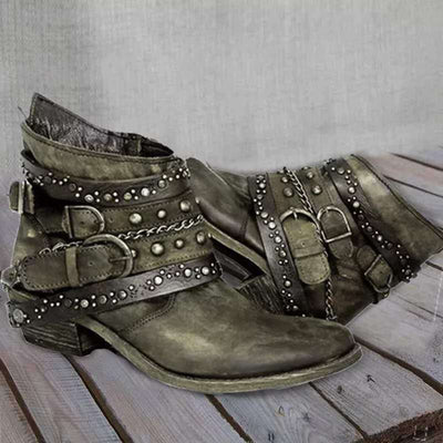 Ashford | Kaida – Women’s PU Leather Ankle Boots with Studded Straps & Chain Detail - Ashford London Clothing