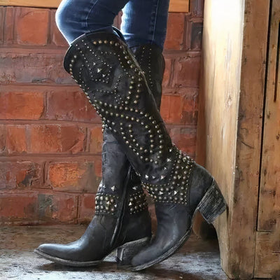 Ashford | Keziah – Women’s Knee - High Boots with Rivets, Thick Heel & Distressed Look - Ashford London Clothing