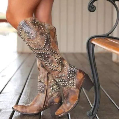 Ashford | Keziah – Women’s Knee - High Boots with Rivets, Thick Heel & Distressed Look - Ashford London Clothing