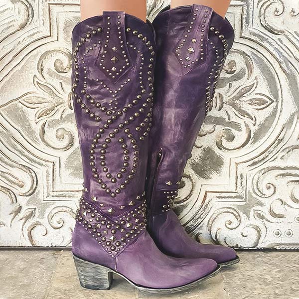 Ashford | Keziah – Women’s Knee - High Boots with Rivets, Thick Heel & Distressed Look - Ashford London Clothing