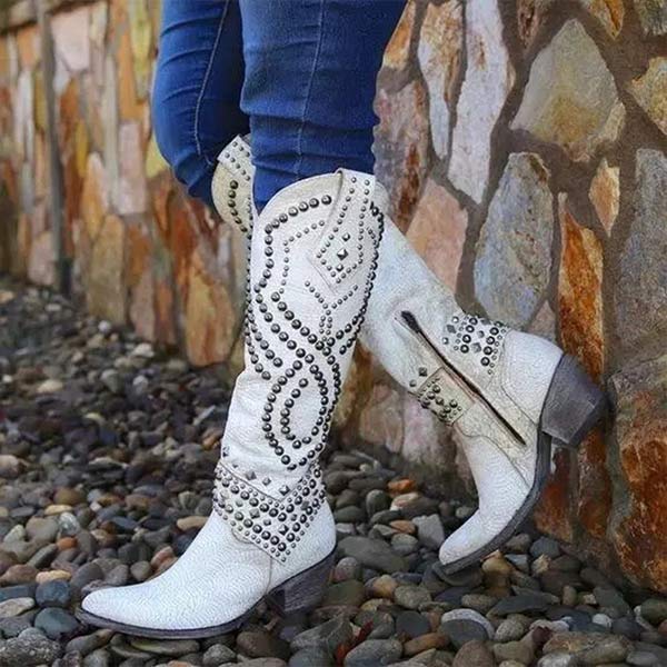 Ashford | Keziah – Women’s Knee - High Boots with Rivets, Thick Heel & Distressed Look - Ashford London Clothing