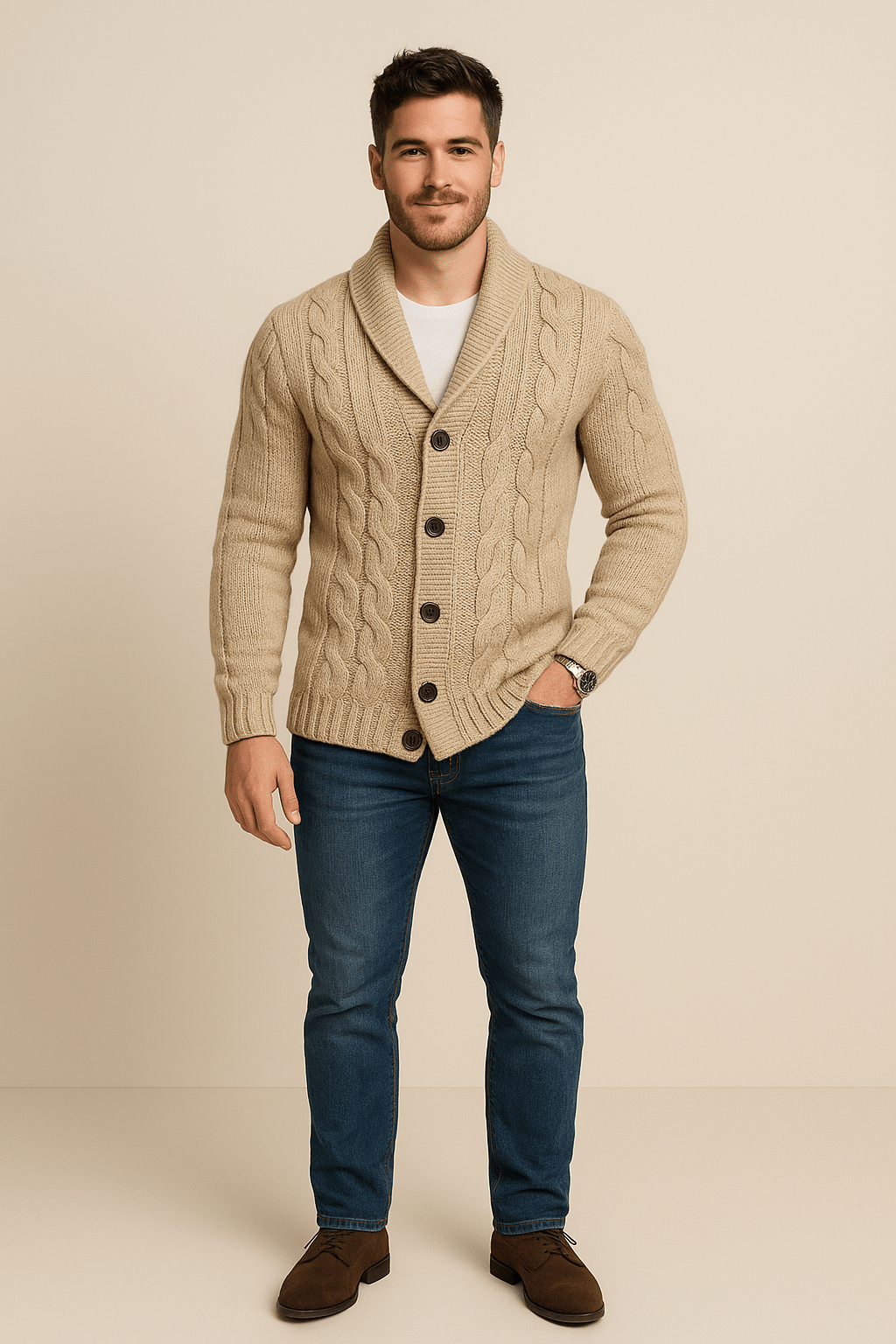 Ashford | Kyle – Men’s Cable Knit Cardigan with Shawl Collar & Wool Blend - Ashford London Clothing