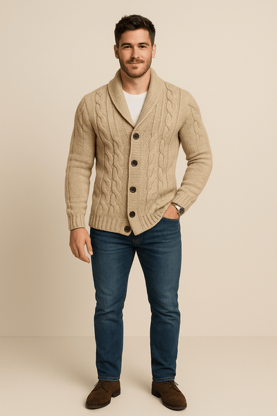 Ashford | Kyle – Men’s Cable Knit Cardigan with Shawl Collar & Wool Blend - Ashford London Clothing