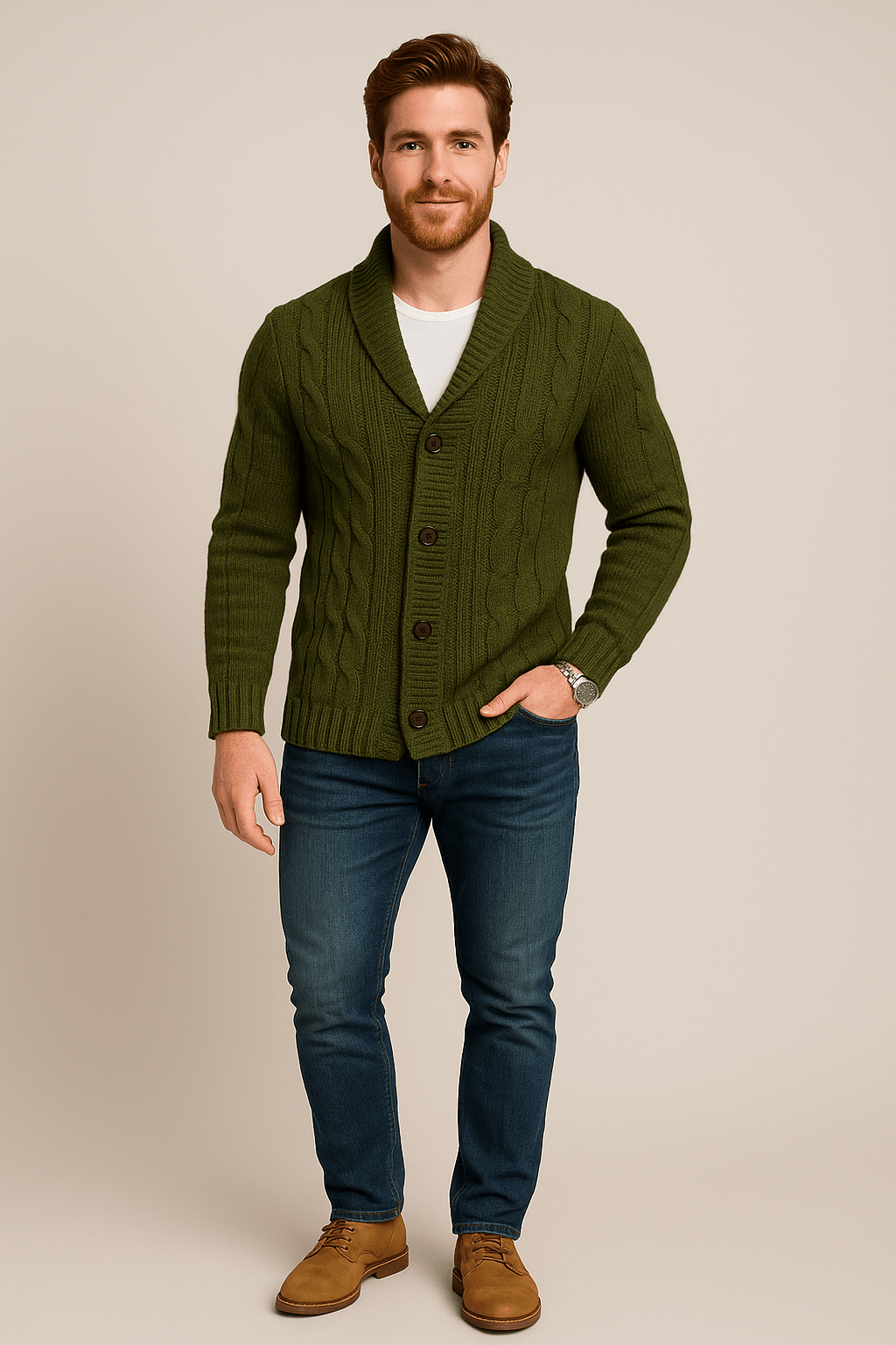 Ashford | Kyle – Men’s Cable Knit Cardigan with Shawl Collar & Wool Blend - Ashford London Clothing