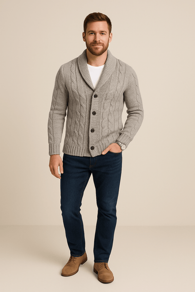 Ashford | Kyle – Men’s Cable Knit Cardigan with Shawl Collar & Wool Blend - Ashford London Clothing