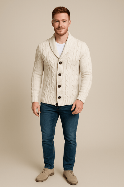 Ashford | Kyle – Men’s Cable Knit Cardigan with Shawl Collar & Wool Blend - Ashford London Clothing