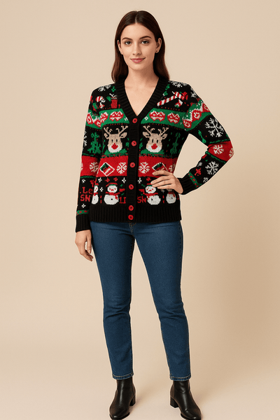 Ashford | Leya – Women’s Festive Knit Cardigan with Holiday Motif and Ribbed Trim - Ashford London Clothing