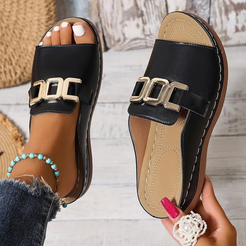 Ashford | Lina Women’s Wedge Sandals – Open Toe – Metallic Buckle – Cushioned Insole - Ashford London Clothing