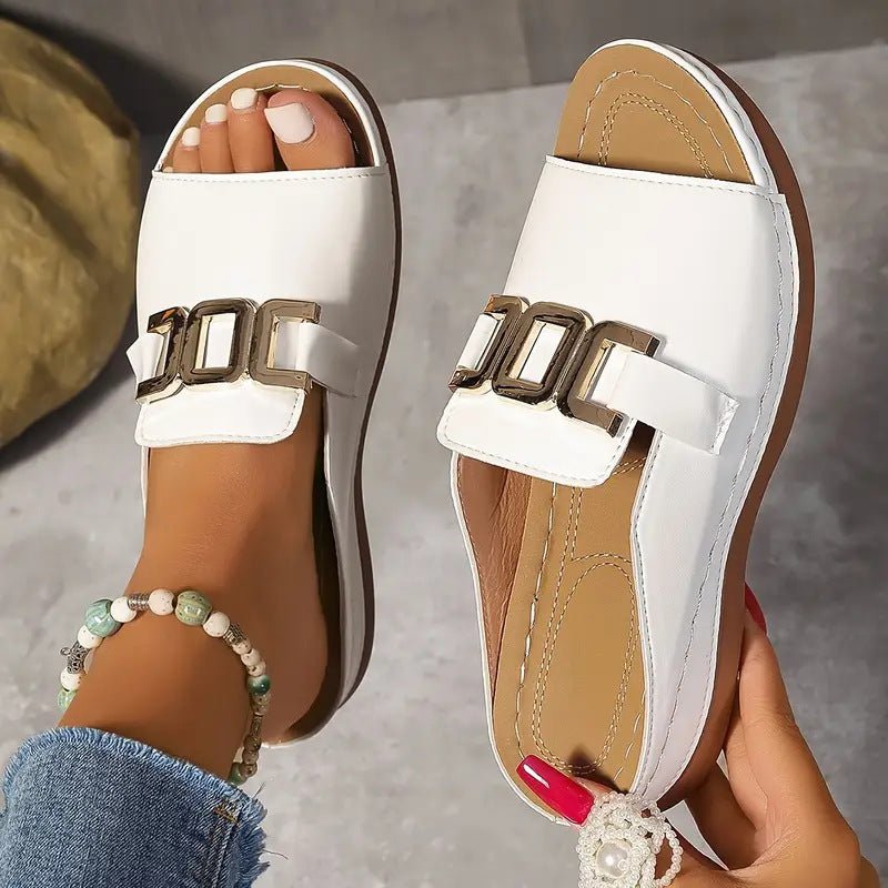 Ashford | Lina Women’s Wedge Sandals – Open Toe – Metallic Buckle – Cushioned Insole - Ashford London Clothing