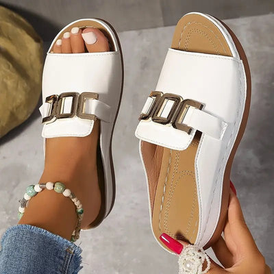Ashford | Lina Women’s Wedge Sandals – Open Toe – Metallic Buckle – Cushioned Insole - Ashford London Clothing