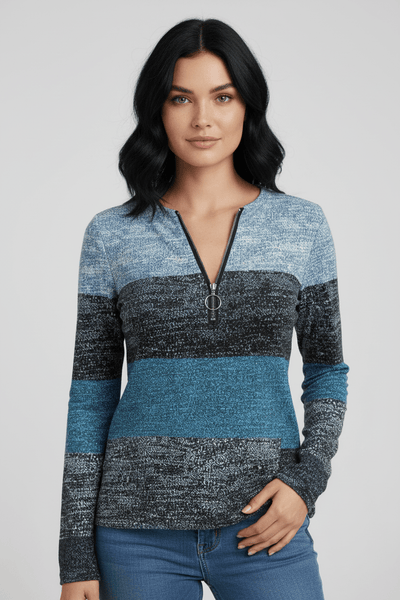 Ashford | Lior – Women’s Long Sleeve Knit Shirt with Zipper Collar and Spliced Print - Ashford London Clothing